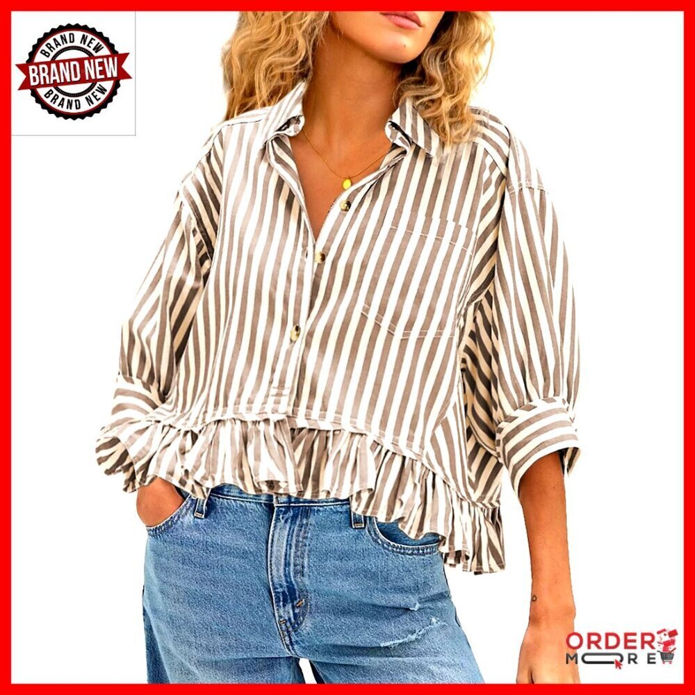 Summer Babydoll Blouse Ruffled Hem Button Down Short Sleeve Striped Shirt